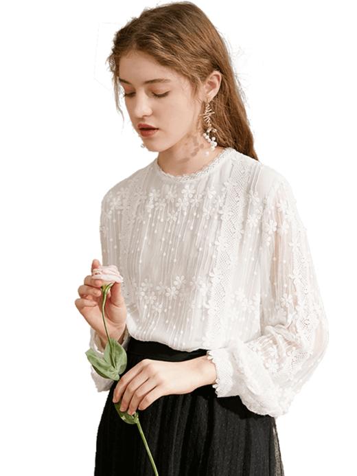 欧芮儿2020新款春装圆领长袖套头蕾丝雪纺衫刺绣镂空透视白色上衣 商品图3