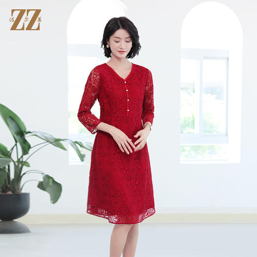 佐尔美秋季新款 优雅气质V领蕾丝绣花连衣裙女E33LL07 商品图2
