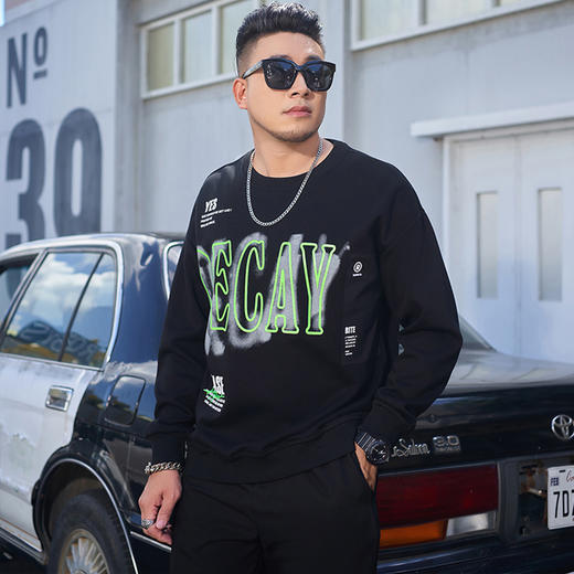 【一口价】【新款DMH】大依优型大码圆领印花卫衣长袖弹力加肥加大胖子上衣男士T恤肥佬打底男装 商品图0