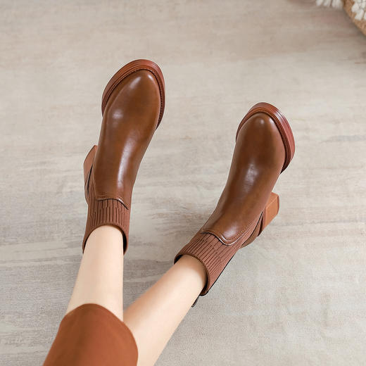 阿么手工女鞋针织粗跟短靴女2023新款一脚蹬百搭5.5CM高跟瘦瘦靴 商品图1