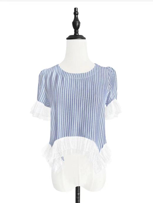 TYNVIE 双层荷叶边拼接短袖上衣 - 天蓝条纹 商品图0