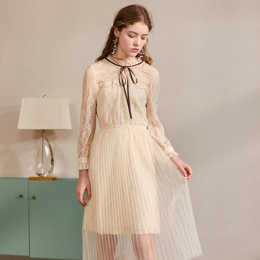 欧芮儿2019秋装新款系带长袖蕾丝连衣裙女收腰中长款A字网纱裙 商品图1