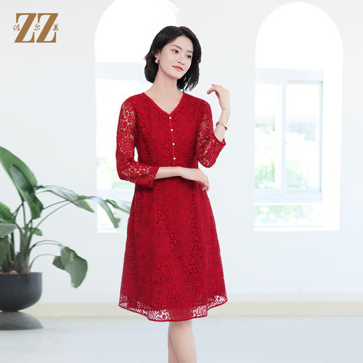 佐尔美秋季新款 优雅气质V领蕾丝绣花连衣裙女E33LL07 商品图3
