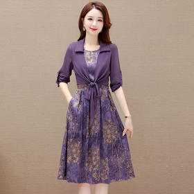 秋季新款，时尚妈妈装印花无袖连衣裙外套组合套装QYM-JJ-AE23507-Y