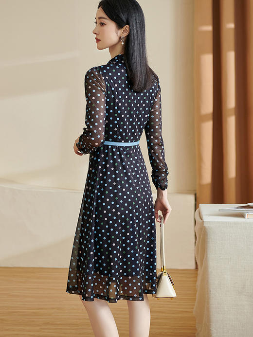 剩S/M 米思阳2026春季新款法式优雅波点连衣裙网纱显瘦长袖A字长裙2831 商品图2