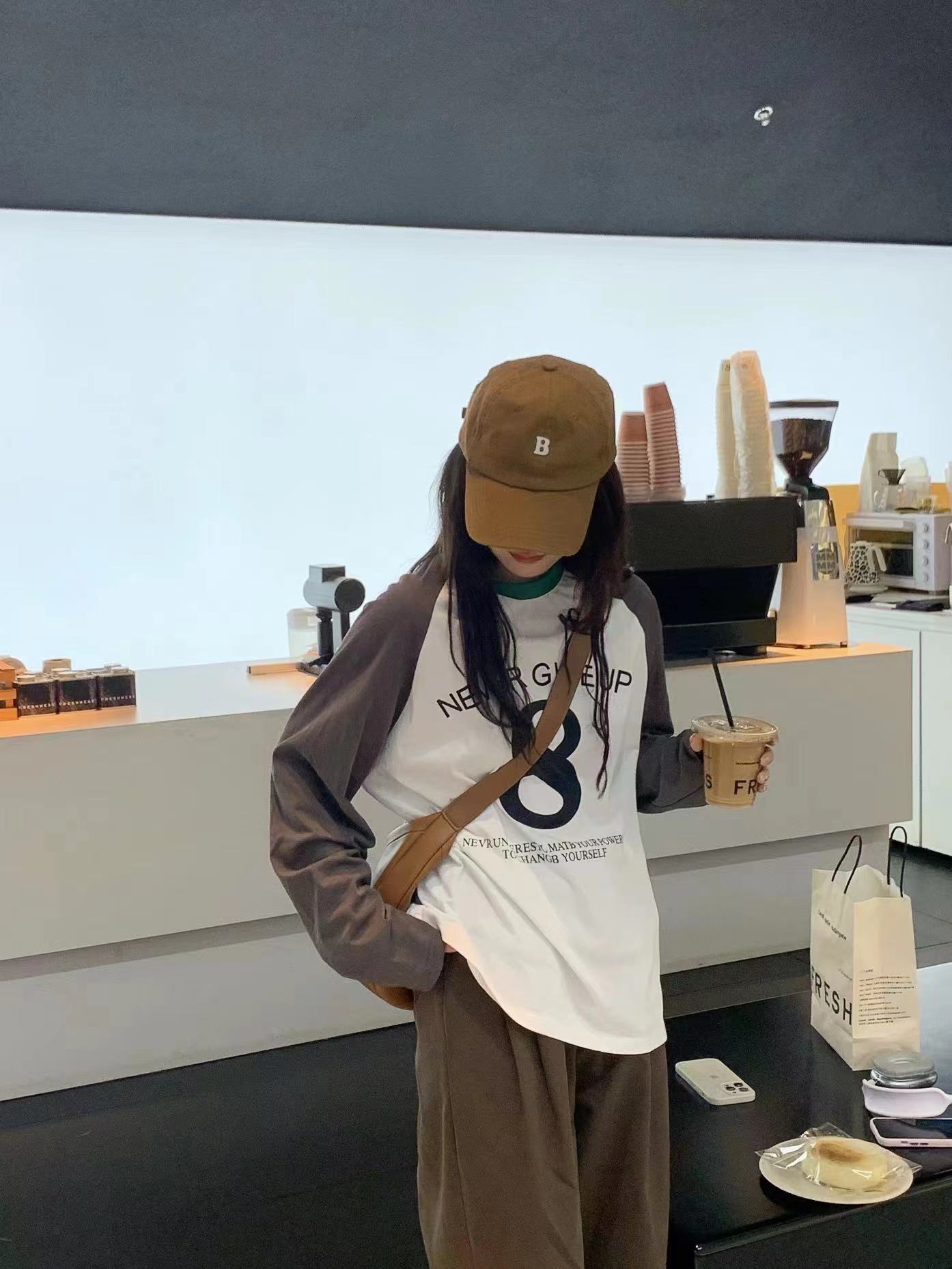 C6175        韩版气质宽松休闲减龄百搭拼色长袖上衣T恤（特价不退换）