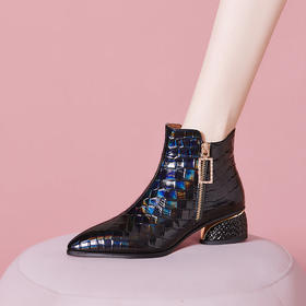 【预售5天】粗跟短靴女秋冬季新款方头短筒中跟后拉链加绒棉鞋马丁靴时尚SY&129055