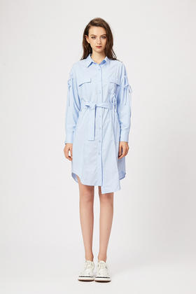 蓝色不规则飘带莫代尔棉宽松衬衫式连衣裙