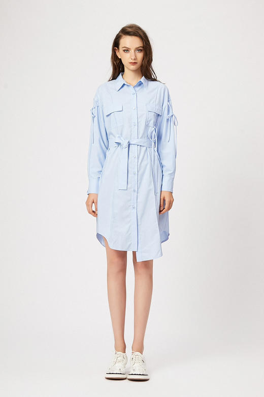 蓝色不规则飘带莫代尔棉宽松衬衫式连衣裙 商品图0