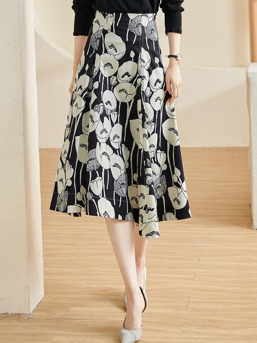 剩S/XL 米思阳2026春季新款法式高级感印花裙高腰显瘦大摆A字半身裙2616 商品图1