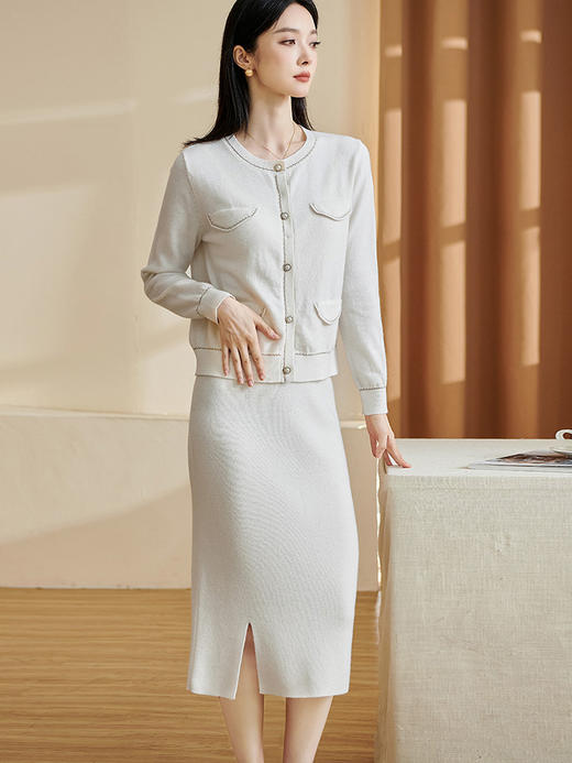 剩S/M/L/XL/XXL 米思阳2026春季新款100%羊毛针织套装修身软糯小香风毛衣开衫1862 商品图0