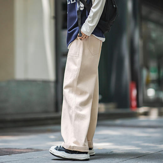 马登女装 日系白色牛仔阔腿裤宽松口袋工装裤直筒休闲长裤子秋 商品图4