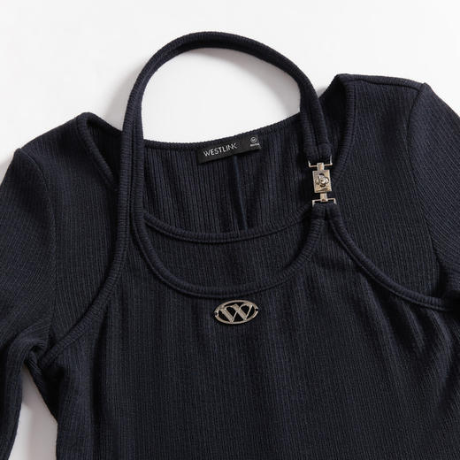 西遇长袖针织连衣裙女新款优雅坠垂感修身显瘦蓝色裙子D2138538 商品图5