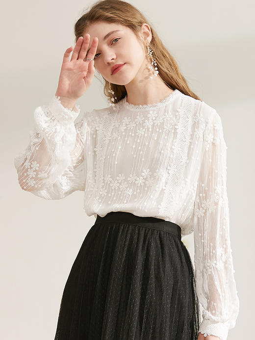 欧芮儿2020新款春装圆领长袖套头蕾丝雪纺衫刺绣镂空透视白色上衣 商品图0