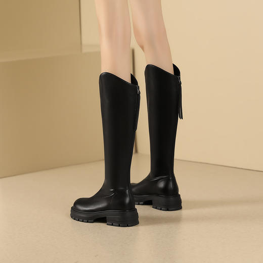 阿么手工女鞋新款小个子4.5CM厚底骑士靴不过膝时尚百搭v口长靴女 商品图2