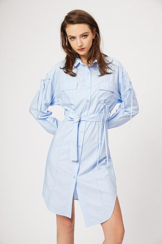 蓝色不规则飘带莫代尔棉宽松衬衫式连衣裙 商品图1