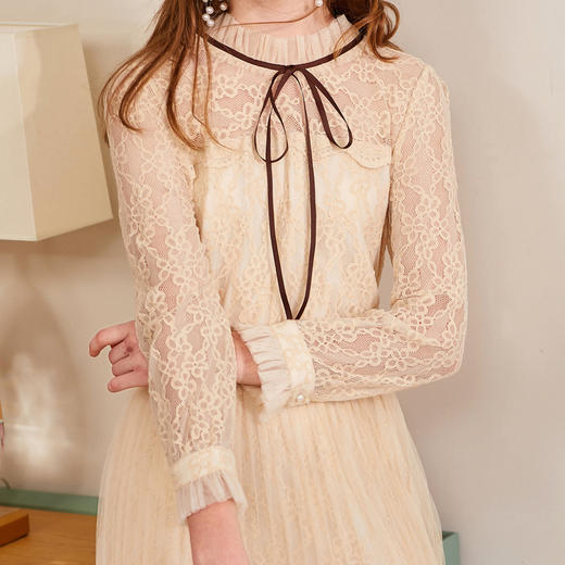 欧芮儿2019秋装新款系带长袖蕾丝连衣裙女收腰中长款A字网纱裙 商品图2