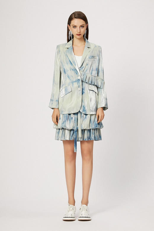 蓝色水纹印花水晶纱收腰花苞裙 商品图0