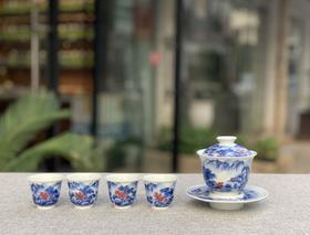 青花釉里红山水盖碗套组