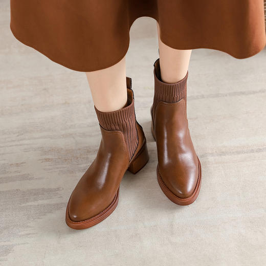 阿么手工女鞋针织粗跟短靴女2023新款一脚蹬百搭5.5CM高跟瘦瘦靴 商品图2