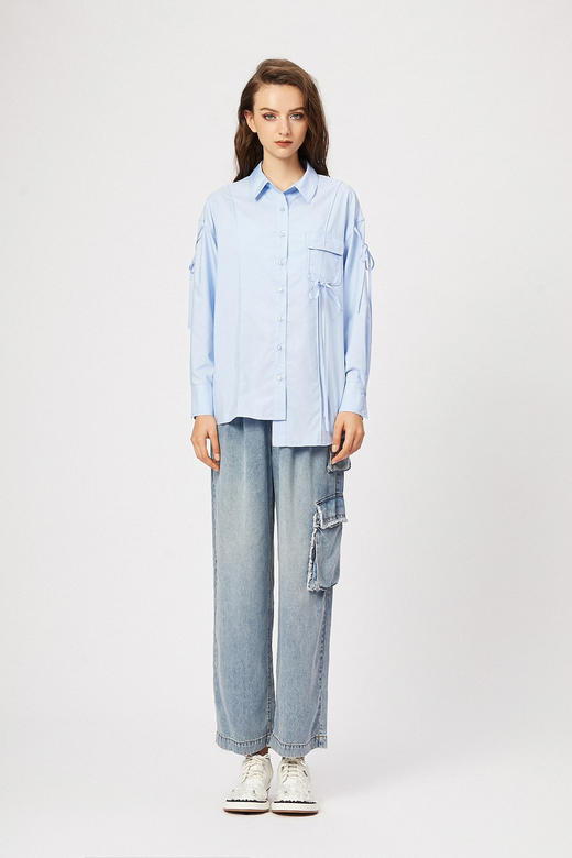 蓝色不规则飘带莫代尔棉衬衫 商品图1