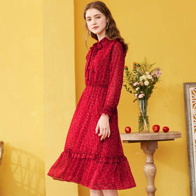 欧芮儿2019秋装新款长袖雪纺碎花红色连衣裙收腰显瘦气质智熏法式