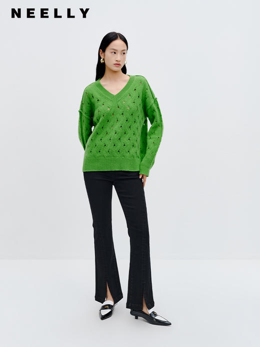 NEELLY纳俪商场同款100%绵羊毛 针织衫V领镂空通勤百搭套头毛衣女N23091A01164 商品图1
