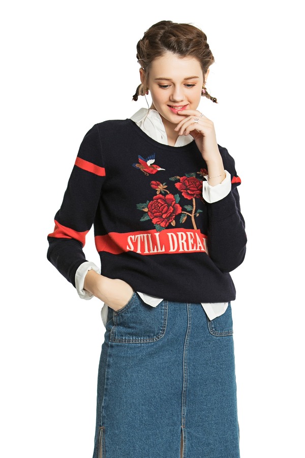 SIEGO 黑色花鸟刺绣毛衣 4026