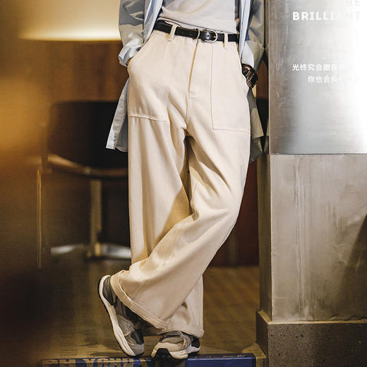 马登女装 日系白色牛仔阔腿裤宽松口袋工装裤直筒休闲长裤子秋 商品图0