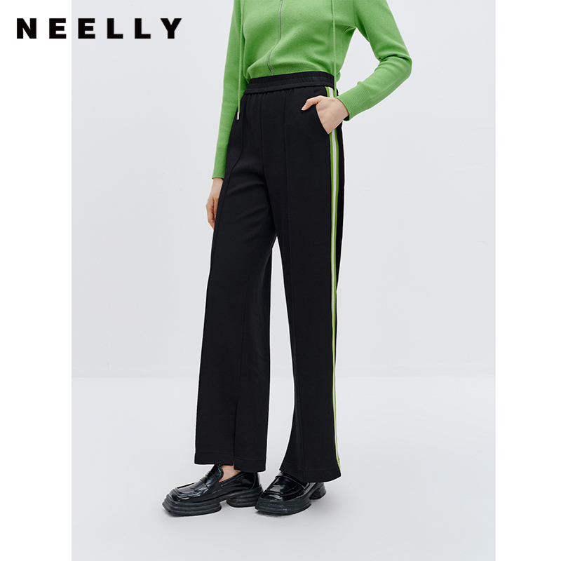 NEELLY纳俪商场同款阔腿裤女侧边撞色开叉休闲裤秋季新款时髦长裤