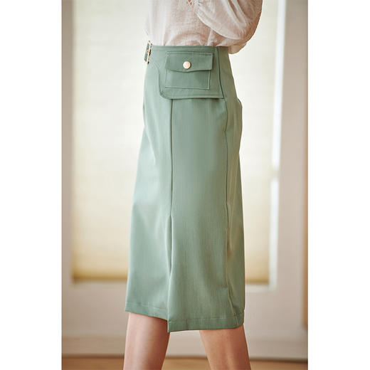 欧芮儿绿色半身裙中长款女高腰显瘦2022新款春装轻熟风开叉A字裙 商品图1