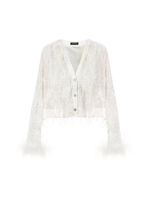 白色鸵鸟毛亮片短款开衫 商品图0