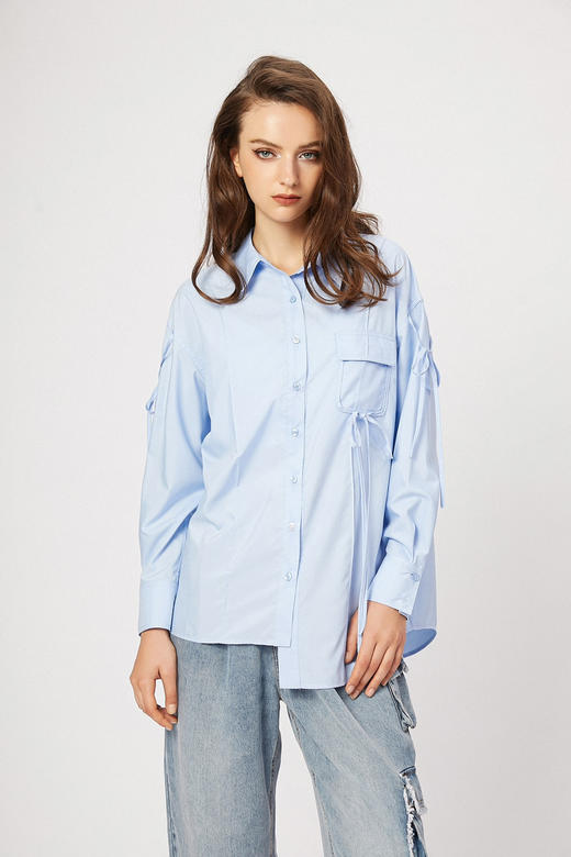 蓝色不规则飘带莫代尔棉衬衫 商品图0