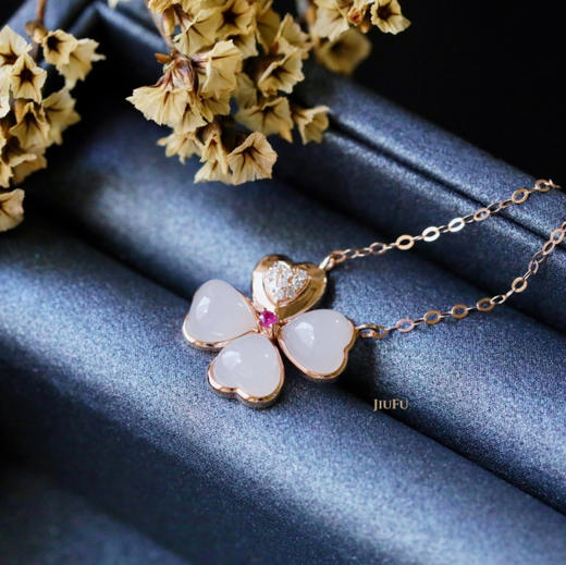 18K玫瑰金和田玉（白玉）镶钻项链--爱心四叶草/爱心6*6mm/链长40+2cm 商品图2