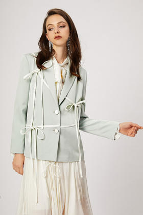 水绿色进口缎面醋酸飘带拼接西装外套