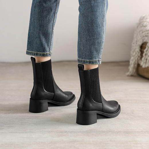 阿么手工女鞋针织粗跟短靴女2023新款一脚蹬百搭5.5CM高跟瘦瘦靴 商品图4