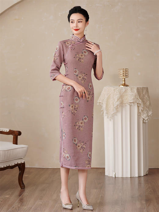 HQ-024曼丽绒曼丽绒旗袍女2023秋冬新款日常改良中国风七分袖旗袍连衣裙年轻款 商品图0