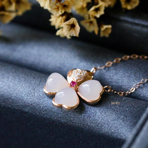 18K玫瑰金和田玉（白玉）镶钻项链--爱心四叶草/爱心6*6mm/链长40+2cm 商品图3