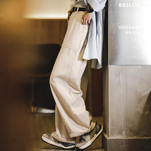 马登女装 日系白色牛仔阔腿裤宽松口袋工装裤直筒休闲长裤子秋 商品图1