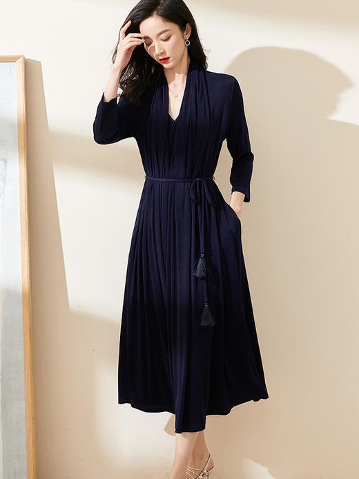 米思阳2026春季新款时尚气质宝蓝色醋酸连衣裙薄款宽松系带中长裙1043 商品图3