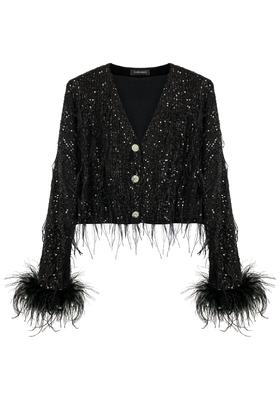 黑色鸵鸟毛亮片短款开衫