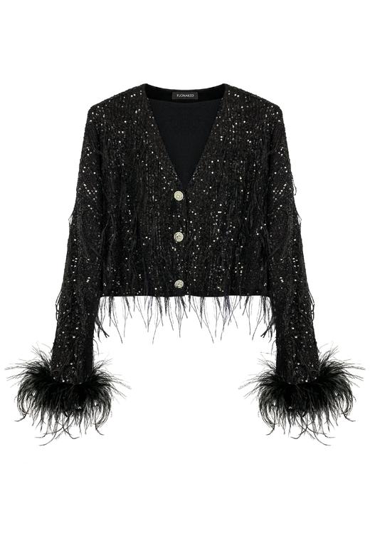 黑色鸵鸟毛亮片短款开衫 商品图0