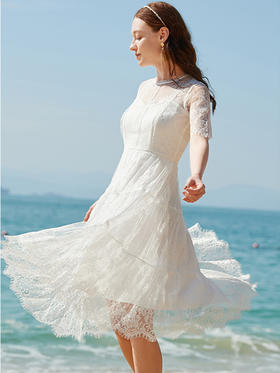 欧芮儿2021夏装新款刺绣蕾丝短袖连衣裙女白色中长款百搭气质百搭