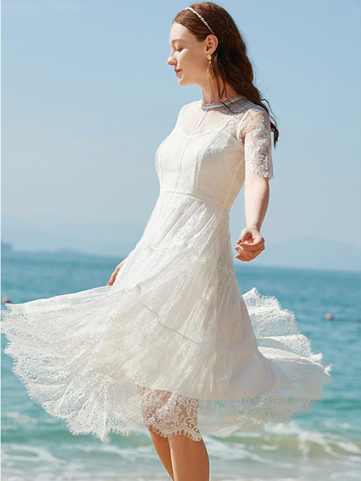 欧芮儿2021夏装新款刺绣蕾丝短袖连衣裙女白色中长款百搭气质百搭 商品图0