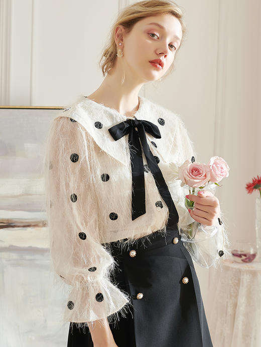 欧芮儿2020春装新款喇叭长袖白色波点衬衫女雪纺衬衣宽松显瘦上衣 商品图1