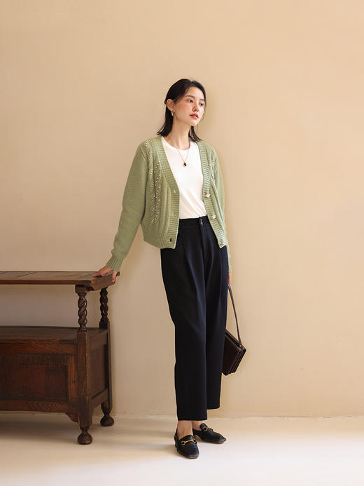 HeyDress法式珍珠羊毛针织开衫女秋季重工绞花设计感上衣气质外套 商品图2