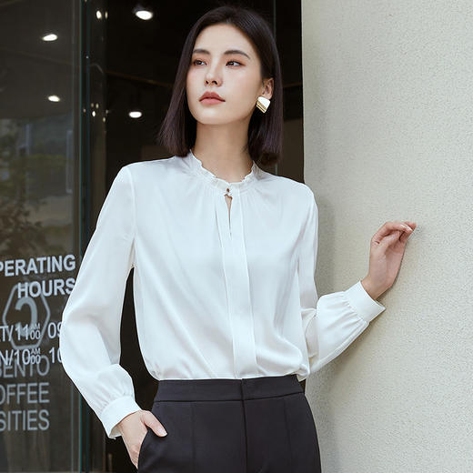 玳莎立领真丝衬衫女2023年秋季新款白色通勤设计感衬衣桑蚕丝上衣 DC31306 商品图0