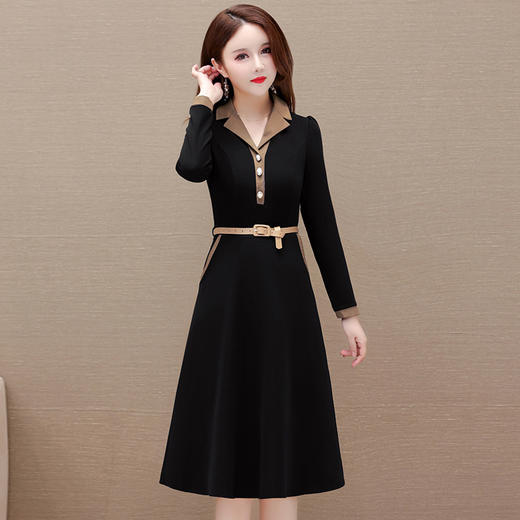 时尚气质连衣裙，腰带裙中长款西装领长袖A字裙QYM-XY-23LQ02-Y 商品图1