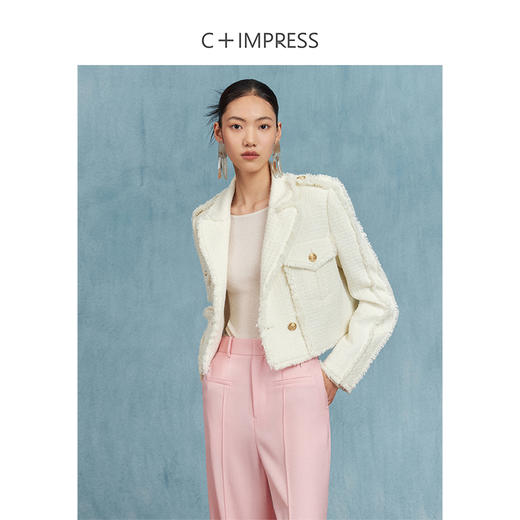 西嘉西嘉短款白色小香风外套女名媛气质小个子秋季翻领流苏拉毛粗花呢WT2303006 商品图0