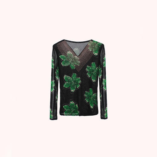 KQL402H3252 2023秋季新款时尚洋气V领烫钻网纱气质显瘦长袖百搭小衫打底衫女 商品图4